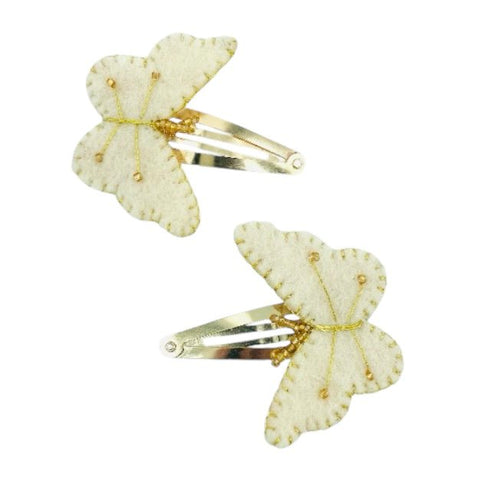 Luna-Leena haar clips vlinder - gebroken wit /goud -  vilt wol - handgemaakt in Nepal