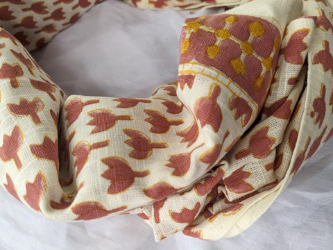 Hand block printed scarf, Indian cotton, red yellow flowers - Shakti.ism | शक्तिवाद