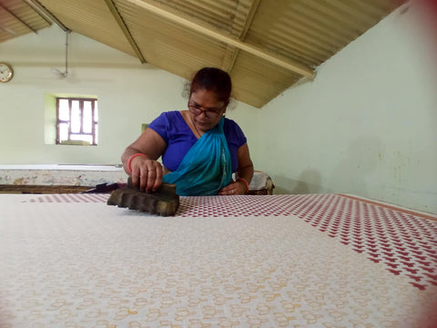Hand block printed scarf, Indian cotton, red yellow flowers - Shakti.ism | शक्तिवाद