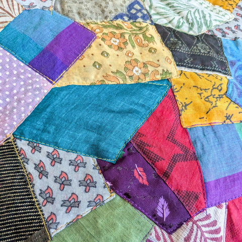Close up view of kantha stitched sari patchwork design