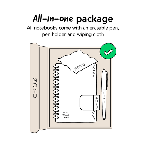 MOYU package comes with erasable notebook, pen, cloth, and pen holder