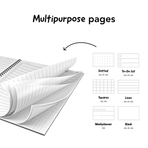 Notebooks with multipurpose pages: dotted, grid, lines, blank, to-do lists, and week planners.