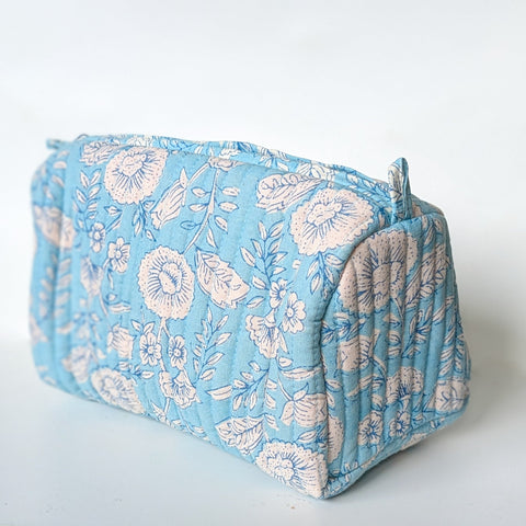 Quilted block print make up bag, large cosmetic pouch