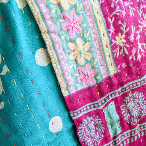 blue pink floral kantha quilt up close