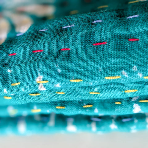 blue pink floral kantha quilt up close