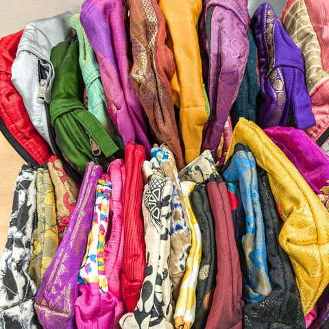 Large colourful upcycled sari box pouches