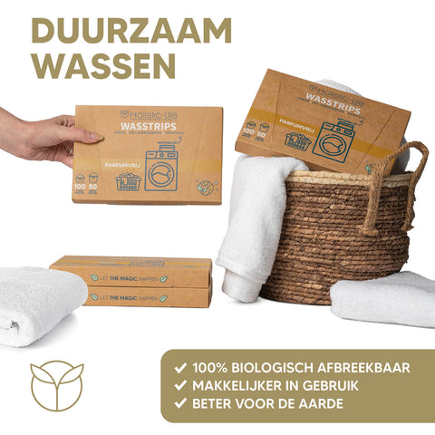 Natuurlijke wasstrips voor een frisse was met wasmiddel en wasdoekjes.