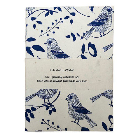 Luna-Leena notitieboek A5 vogels - blauw - eco papier - handgemaakt in Nepal