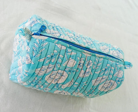 Quilted block print make up bag, large cosmetic pouch