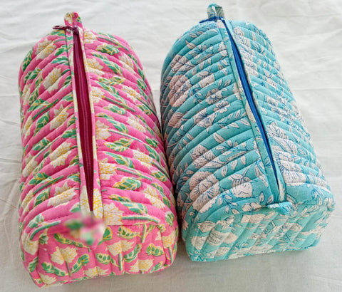 Quilted block print make up bag, large cosmetic pouch