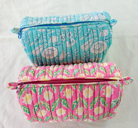 Quilted block print make up bag, large cosmetic pouch