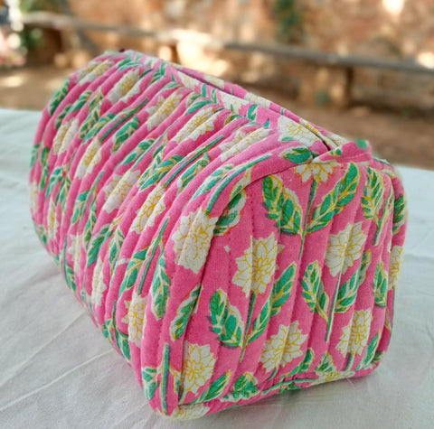 Quilted block print make up bag, large cosmetic pouch