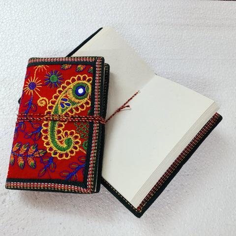 Eco Friendly Upcycled Fabric Notebook with Embroidered Cover – Red A6 Molidora Recycled Paper Journal