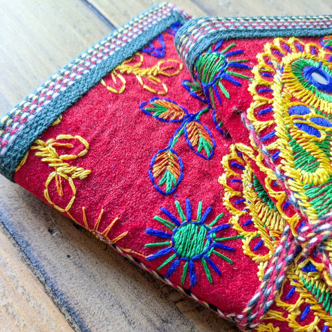 Eco Friendly Upcycled Fabric Notebook with Embroidered Cover – Red A6 Molidora Recycled Paper Journal