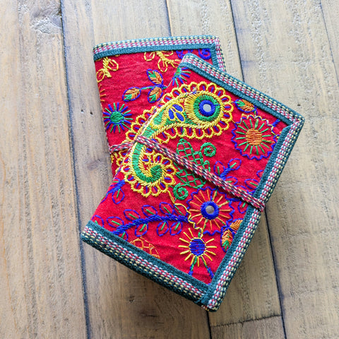 Eco Friendly Upcycled Fabric Notebook with Embroidered Cover – Red A6 Molidora Recycled Paper Journal