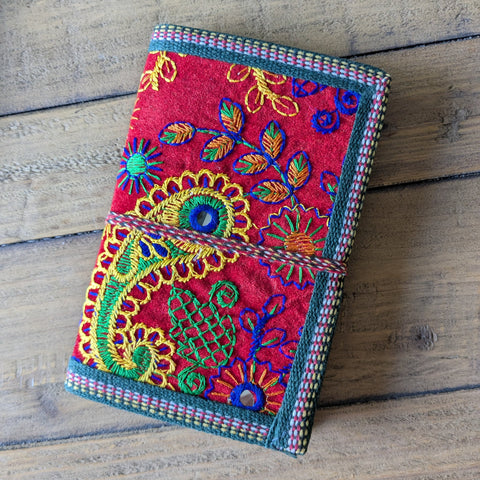 Eco Friendly Upcycled Fabric Notebook with Embroidered Cover – Red A6 Molidora Recycled Paper Journal