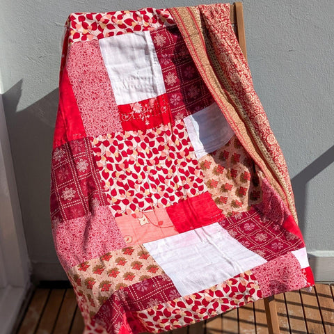 Reversible sari patchwork throw blanket