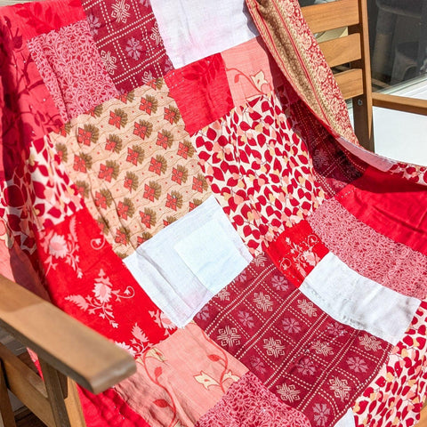 Reversible sari patchwork throw blanket