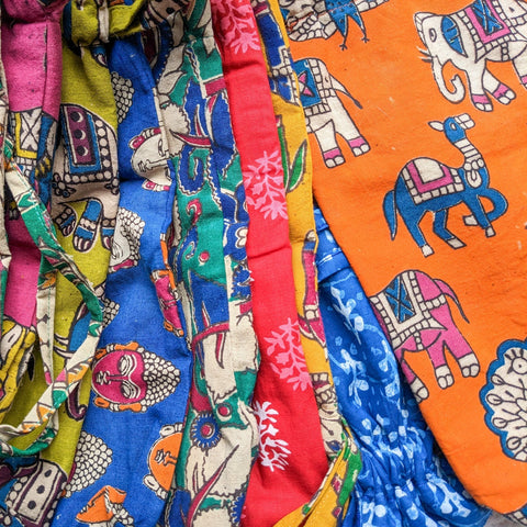 Reusable Kalamkari Cotton Bottle Gift Bags close up of various colours and patterns