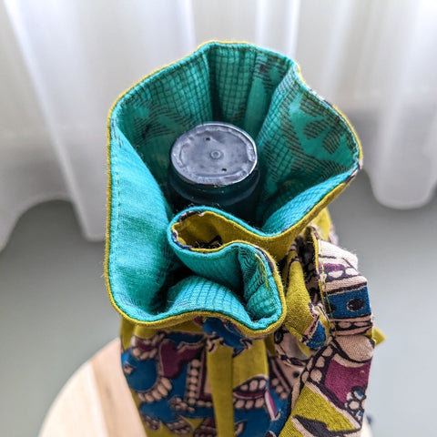 Reusable Kalamkari Cotton Pouch, Bottle Gift Bag, Lime Green - Shakti.ism | शक्तिवाद