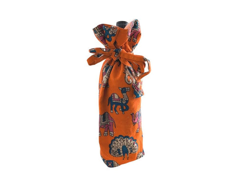 Reusable Kalamkari Cotton Pouch, Bottle Gift Bag, Orange - Shakti.ism | शक्तिवाद