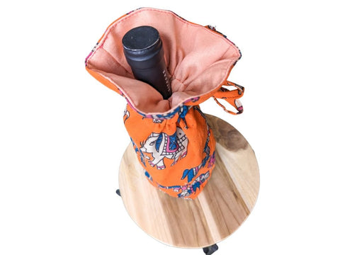 Reusable Kalamkari Cotton Pouch, Bottle Gift Bag, Orange - Shakti.ism | शक्तिवाद