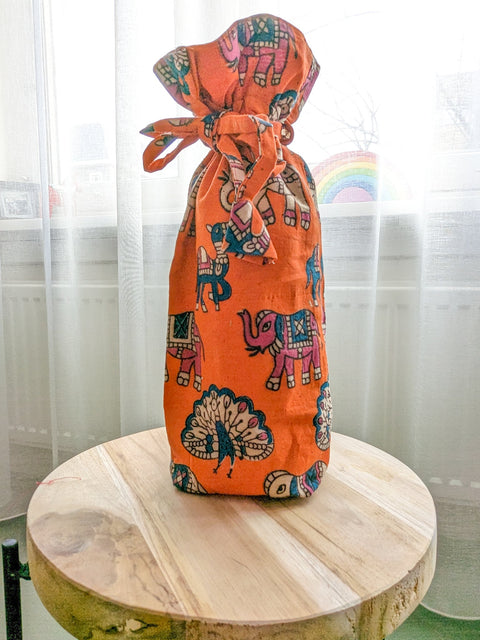 Reusable Kalamkari Cotton Pouch, Bottle Gift Bag, Orange - Shakti.ism | शक्तिवाद