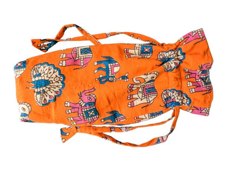 Reusable Kalamkari Cotton Pouch, Bottle Gift Bag, Orange - Shakti.ism | शक्तिवाद