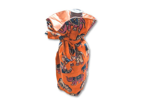 Reusable Kalamkari Cotton Pouch, Bottle Gift Bag, Orange - Shakti.ism | शक्तिवाद