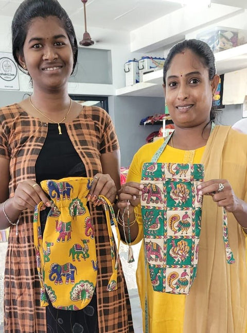 Reusable Kalamkari Cotton Pouch, Bottle Gift Bag, Orange - Shakti.ism | शक्तिवाद
