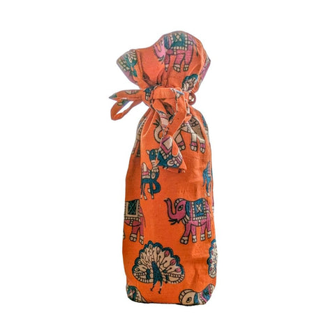 Reusable Kalamkari Cotton Pouch, Bottle Gift Bag, Orange - Shakti.ism | शक्तिवाद