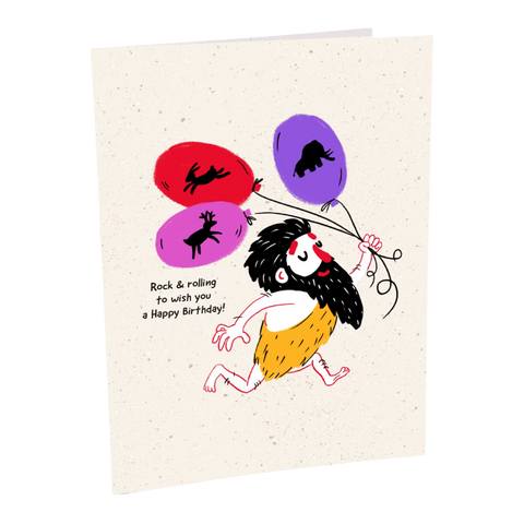 Reusable Happy Birthday card with a cartoon caveman and balloons on a white background