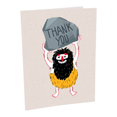 Reusable card with a cartoon character holding a rock that says 'Thank You' on a beige background