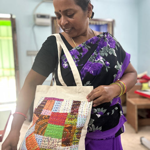 model wearing square design sari patchwork cotton tote bag