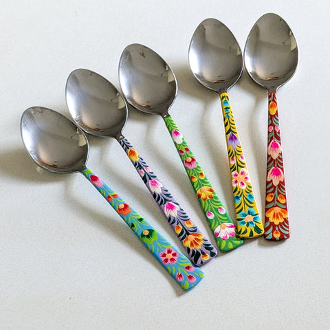 Hand-Painted Stainless Steel Tablespoons with Floral Patterns