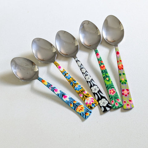 Hand-Painted Stainless Steel Tablespoons with Floral Patterns