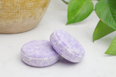 2 sustainable, vegan and zero waste shampoo bars lavender beewise handmade in the Netherlands shown close to a green plant