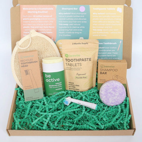 sustainable eco-friendly and plastic-free gift box to save the world every morning during the routine, with loofah sponge, shampoo bar, electric toothbrush oral B, toothpaste tabs and deodorant stick