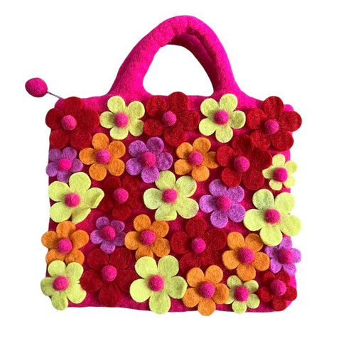 Luna-Leena kinder bloemen tas - fuchsia, rood, oranje - vilt wol - handgemaakt in Nepal