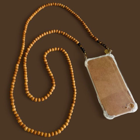 Luna-Leena telefoonkoord kralen hout + tijger ogen - bruin - L140cm - handgemaakt in Nepal
