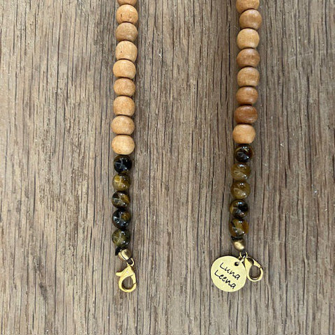 Luna-Leena telefoonkoord kralen hout + tijger ogen - bruin - L140cm - handgemaakt in Nepal