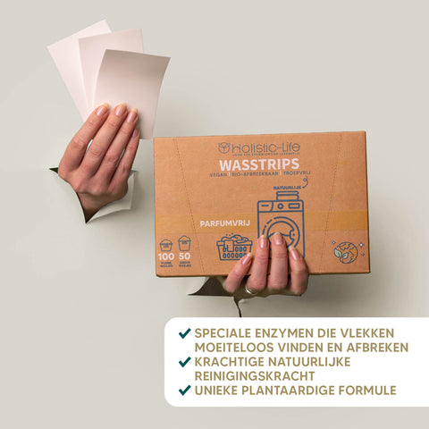 Vegan wasstrips voor een milieuvriendelijk wasmiddel en wasdoekjes.