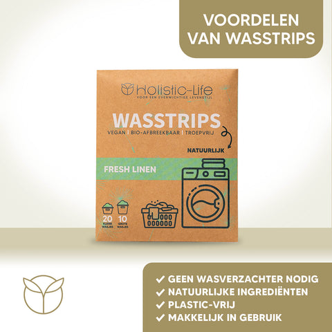 Wasstrips als milieuvriendelijk alternatief voor wasmiddeldoekjes.