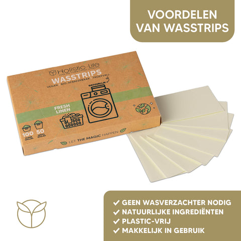 Duurzame wasstrips voor een schoner huis, wasmiddel en wasdoekjes.