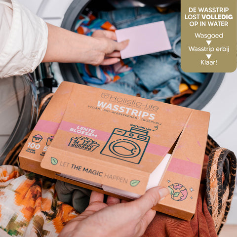 Wasstrips zonder plastic voor een schone was, wasmiddel en wasdoekjes.
