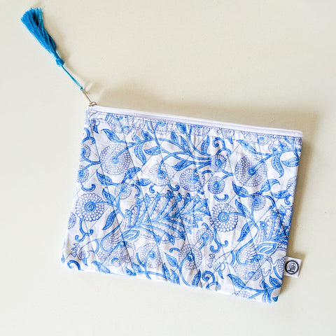 white blue block printed quilted pouch