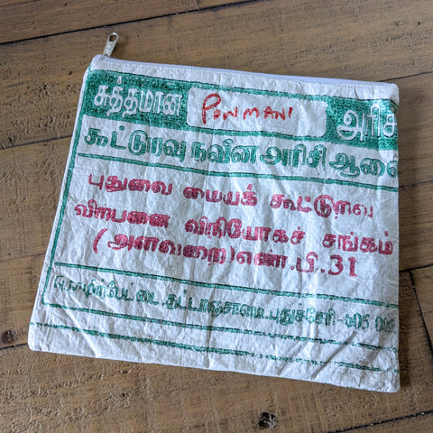 Recycled rice bag zipper pouches