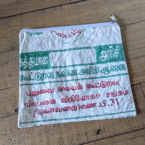 Recycled rice bag zipper pouches