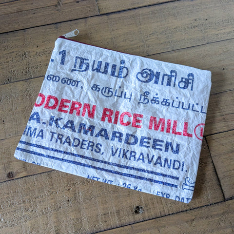 Recycled rice bag zipper pouches