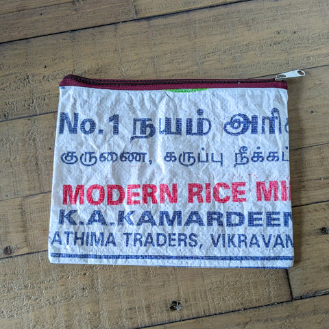 Recycled rice bag zipper pouches